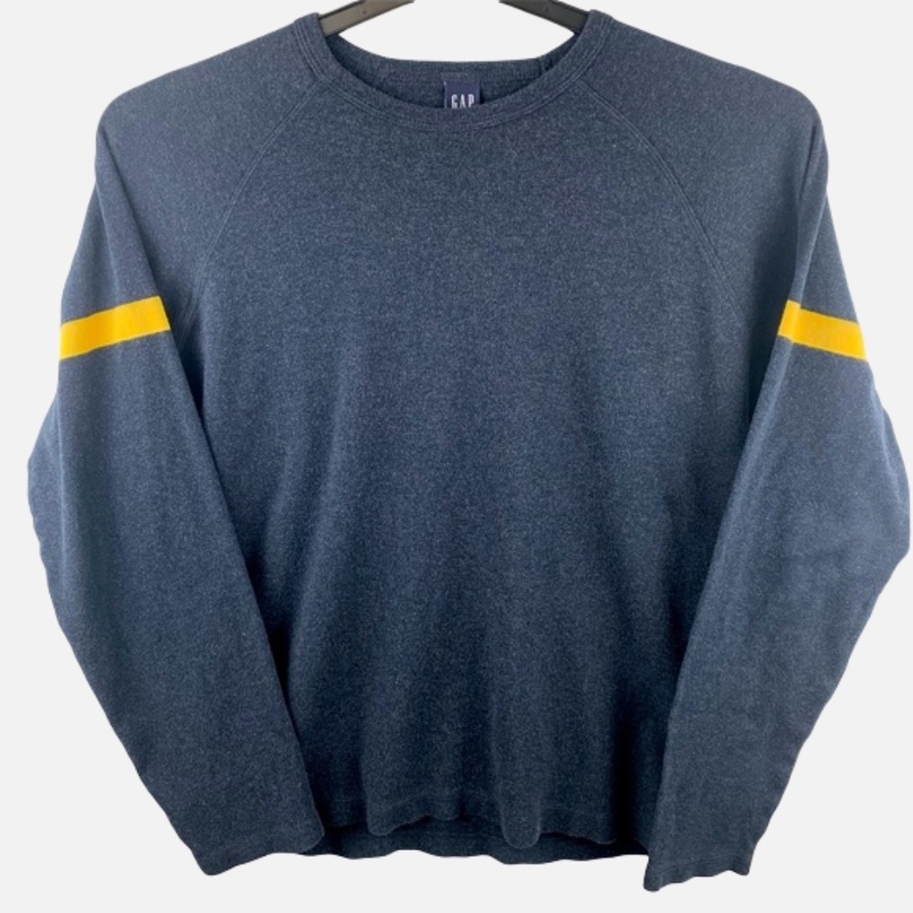 GAP Navy Blue Men's Sweater Yellow Striped Long Sleeve Crew Neck